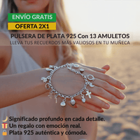 Mujer al aire libre luce la Pulsera con 13 amuletos (2x1 limitado), elaborada en plata 925. Envío gratis, significado emocional y energía positiva realzan la calidad auténtica de este exclusivo accesorio.