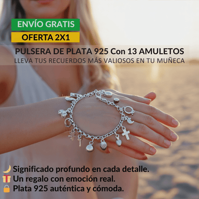 Mujer al aire libre luce la Pulsera con 13 amuletos (2x1 limitado), elaborada en plata 925. Envío gratis, significado emocional y energía positiva realzan la calidad auténtica de este exclusivo accesorio.