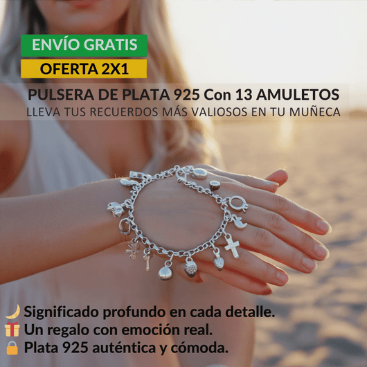 Mujer al aire libre luce la Pulsera con 13 amuletos (2x1 limitado), elaborada en plata 925. Envío gratis, significado emocional y energía positiva realzan la calidad auténtica de este exclusivo accesorio.