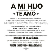 Gráfico de texto en español con un sentido mensaje de padre a hijo, expresando amor incondicional-ideal como un regalo para hijo junto con la Pulsera con nudo infinito personalizable - A mi hijo.