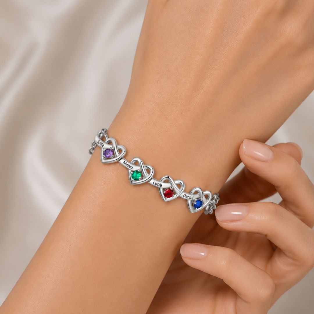 Pulsera corazones unidos con nombres y piedra natal - Moroveta