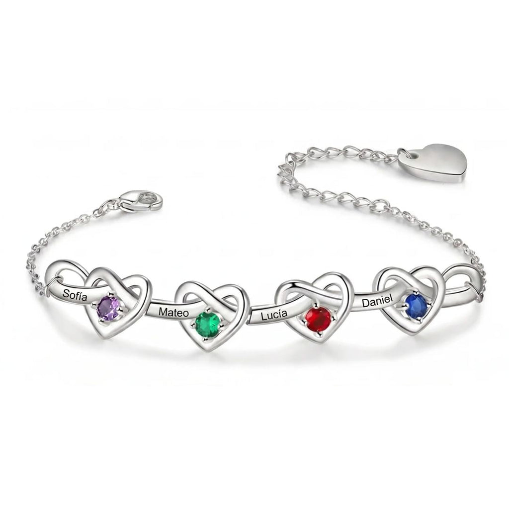 Pulsera corazones unidos con nombres y piedra natal - Moroveta