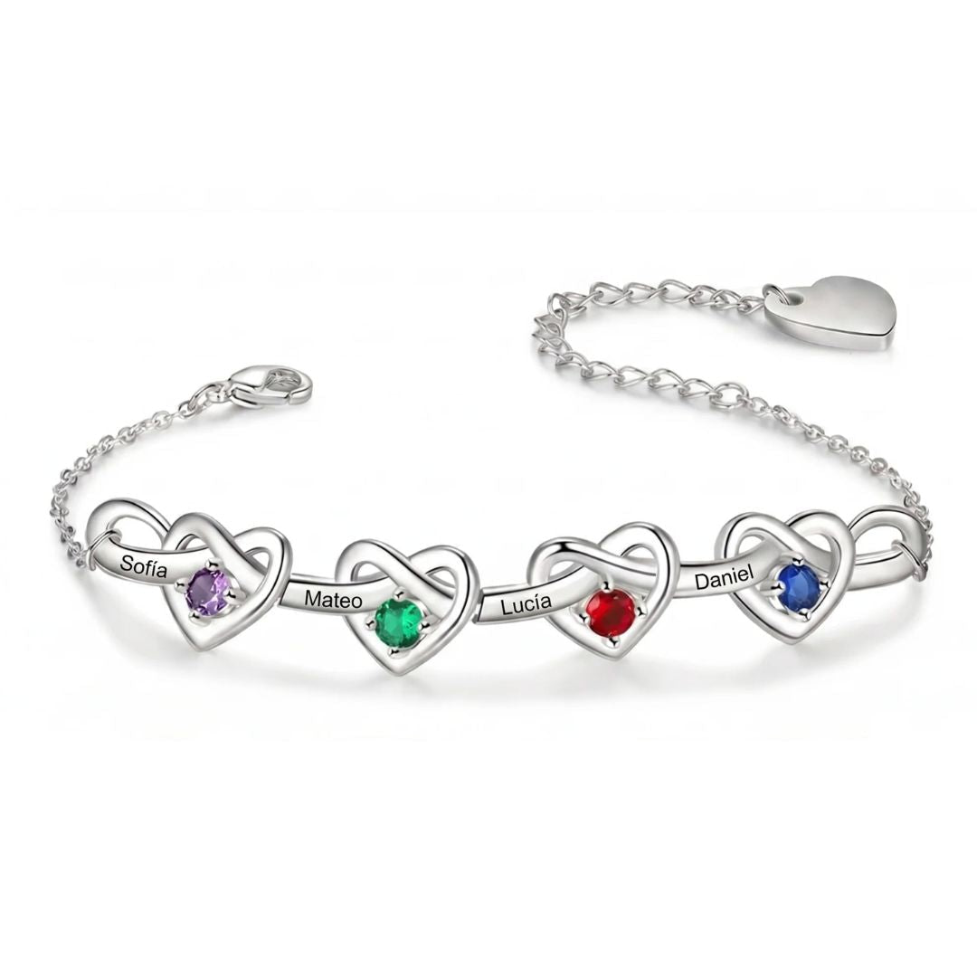 Pulsera corazones unidos con nombres y piedra natal - Moroveta