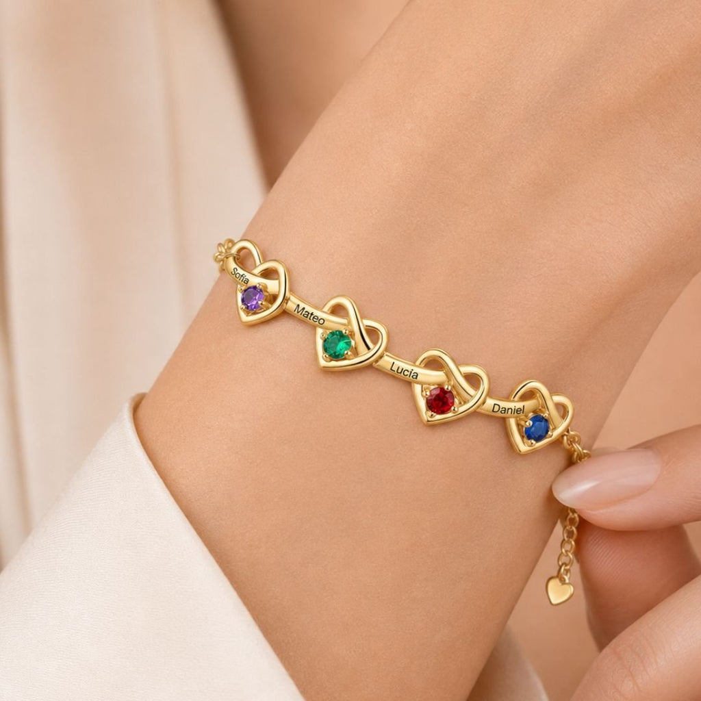 Pulsera corazones unidos con nombres y piedra natal - Moroveta