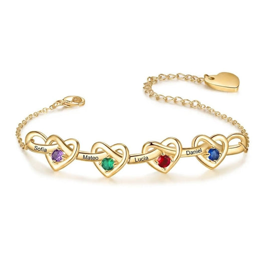 Pulsera corazones unidos con nombres y piedra natal - Moroveta
