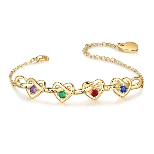 Pulsera corazones unidos con nombres y piedra natal - Moroveta