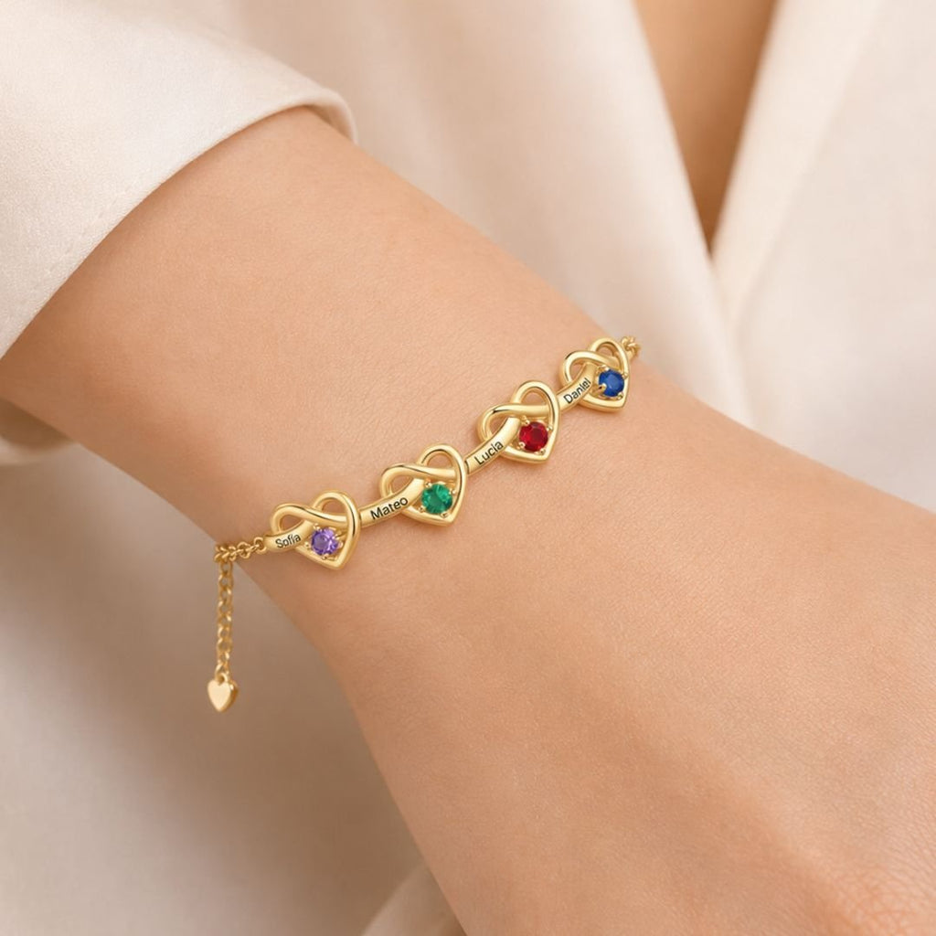 Pulsera corazones unidos con nombres y piedra natal - Moroveta