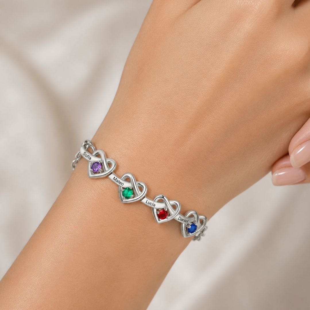 Pulsera corazones unidos con nombres y piedra natal - Moroveta