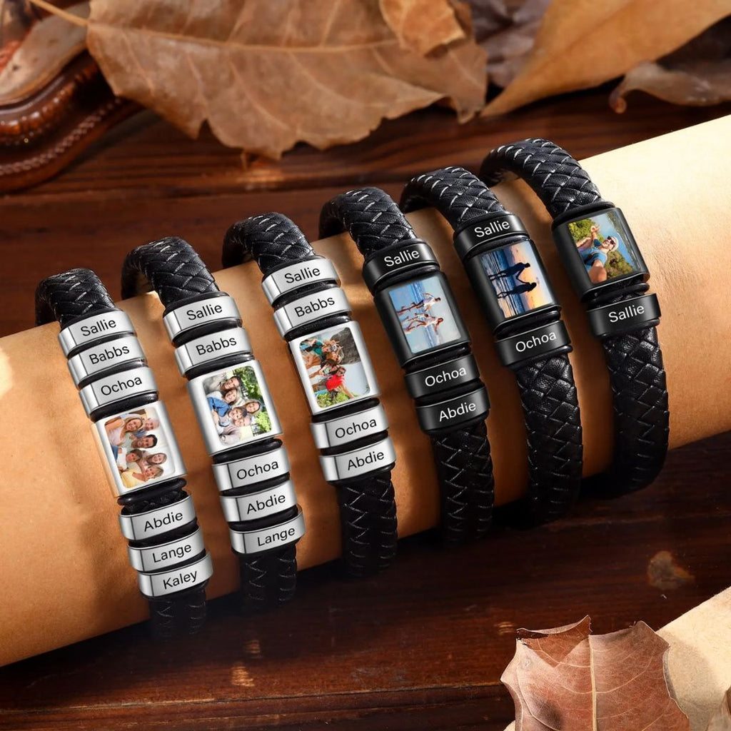Pulsera de cuero con foto y nombres grabados - Moroveta