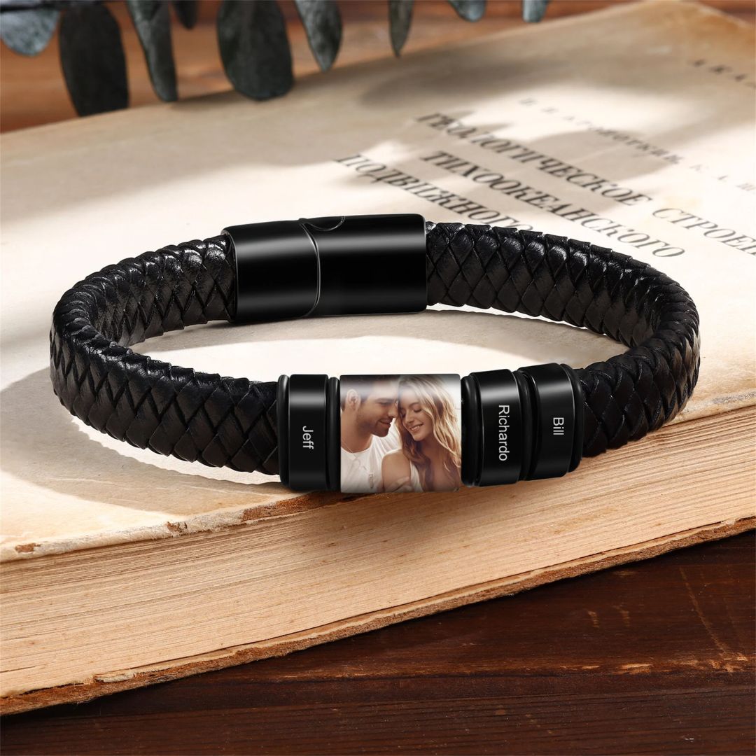 Pulsera de cuero con foto y nombres grabados - Moroveta