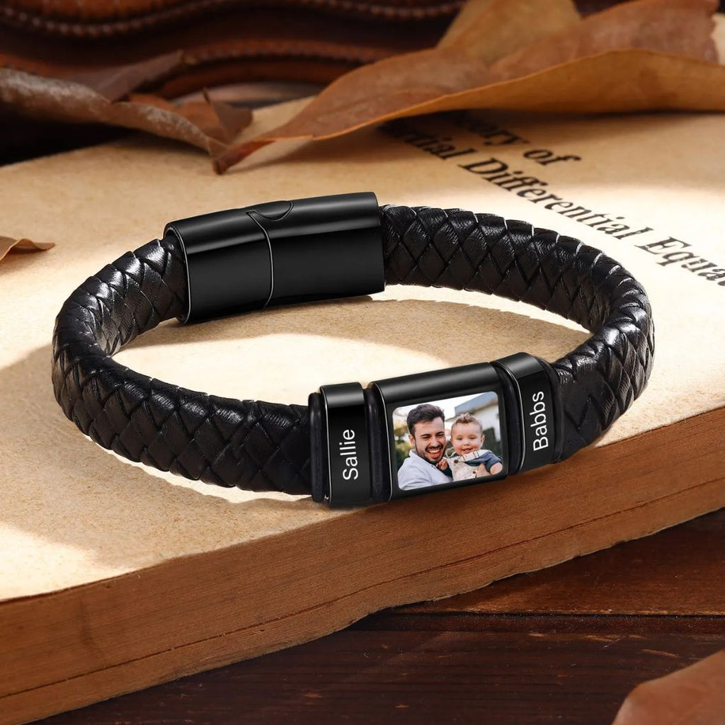 Pulsera de cuero con foto y nombres grabados - Moroveta