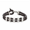 Pulsera de cuero para Papá en marrón oscuro, con tres cuentas rectangulares de plata personalizadas con los nombres JACOB, GRACE y LUNA. Cierre de plata; un regalo elegante y único para hombre.