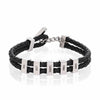 Pulsera de cuero para Papá: negra, trenzada, personalizada con seis dijes rectangulares de plata grabados (YOU, LOVE, CARREE, EMMA, LEWIS y CARRIE), cierre metálico y cadena. Un regalo perfecto para hombre.