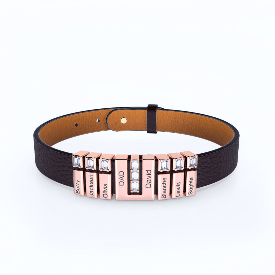 Pulsera de cuero personalizada con nombres en color oro rosa, grabada con nombres como Betty, Jackson, Olivia y DAD: un regalo único y especial para papá.