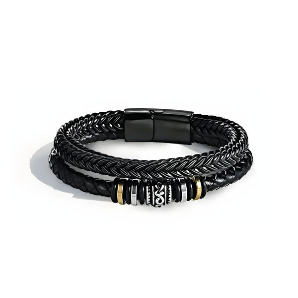 Pulsera de cuero - Siempre contigo Papá: brazalete de cuero hombre con dos bandas trenzadas negras, detalles en cadena plateada, toques dorados y cierre magnético negro. Pulsera ideal como regalo para papá o padres, mostrada sobre fondo blanco.