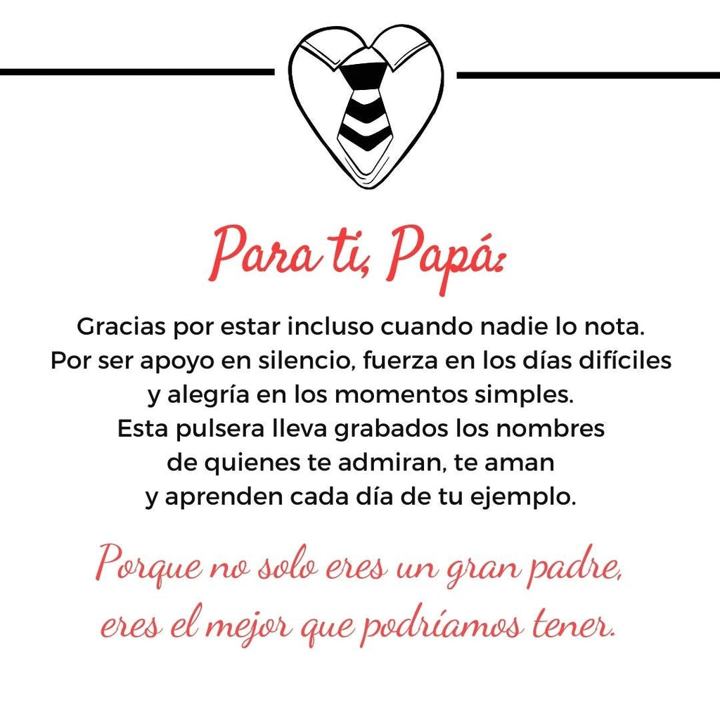 Un gráfico en forma de corazón con un lazo remata un mensaje en español para papá, con la Pulsera "El mejor Papá" - Personalizable, un regalo ideal el día del padre que simboliza el apoyo, la fuerza y los preciados lazos familiares.