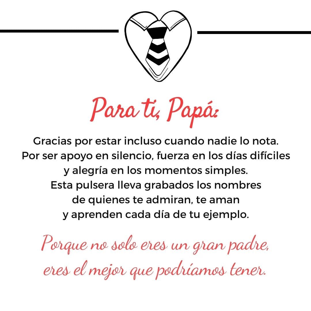 Un gráfico en forma de corazón con un lazo remata un mensaje en español para papá, con la Pulsera "El mejor Papá" - Personalizable, un regalo ideal el día del padre que simboliza el apoyo, la fuerza y los preciados lazos familiares.