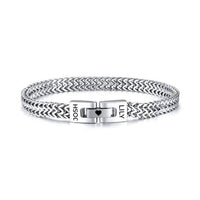 Pulsera grabada - A mi amor: pulsera plateada trenzada con cierre y nombres "JOSH" y "LILY" grabados, separados por un pequeño corazón. Un regalo ideal para hombre.