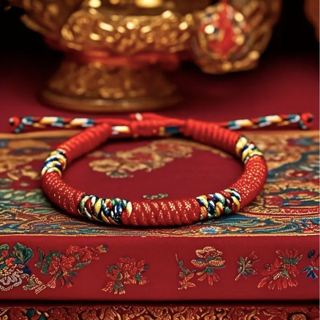 La Pulsera Hilo rojo del destino (Oferta 2X1), trenzada con hilos rojos, amarillos, azules y blancos, descansa sobre una ornamentada caja roja bordada con detalles dorados, ideal para quienes buscan protección energética.