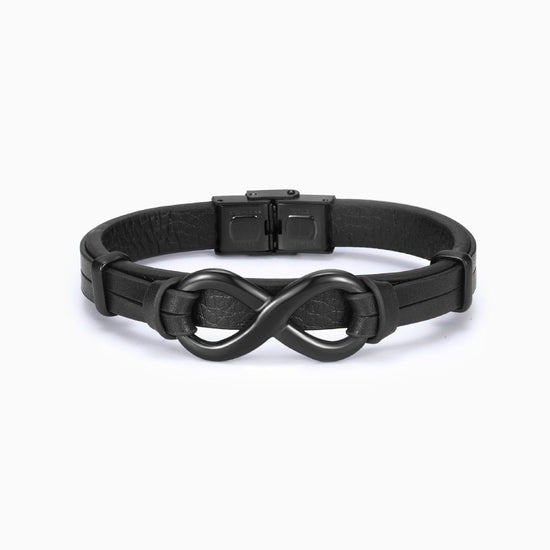 Pulsera Infinito - A mi Hombre en color negro, esta pulsera de cuero con nudo metálico es un accesorio elegante y un regalo perfecto para hombre.