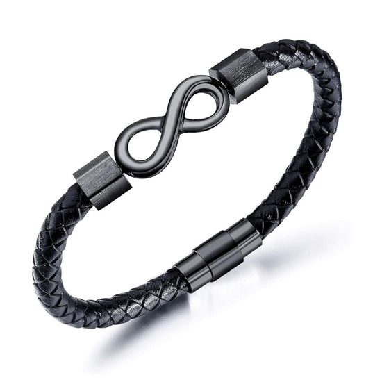 Pulsera Infinito personalizada - A mi Hombre: elegante pulsera negra de cuero trenzado con símbolo infinito metálico y cierre moderno. Ideal como regalo para hombre, perfecta como pulsera infinito personalizada.