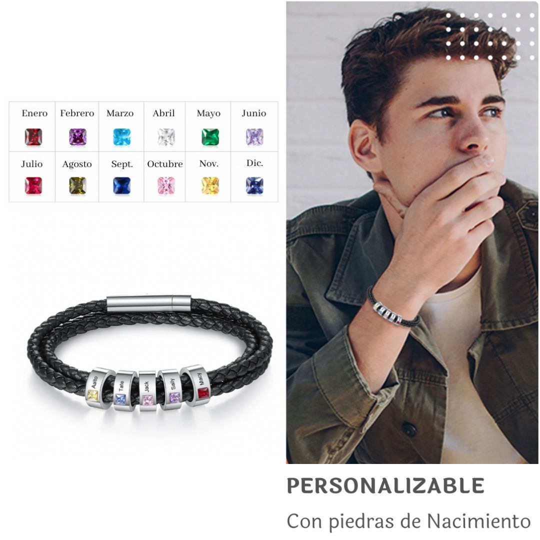 Hombre usando la Pulsera Piedras de vida - A mi Padre en negro, personalizable con charms de piedras de nacimiento para cada mes. Texto: PERSONALIZABLE, con piedras de nacimiento, regalo Día del Padre.