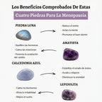 La Pulsera Serena combina piedra luna, amatista, calcedonia azul y lepidolita para aliviar la menopausia, ayudando a reducir el estrés, equilibrar las hormonas y mejorar el sueño de forma natural.
