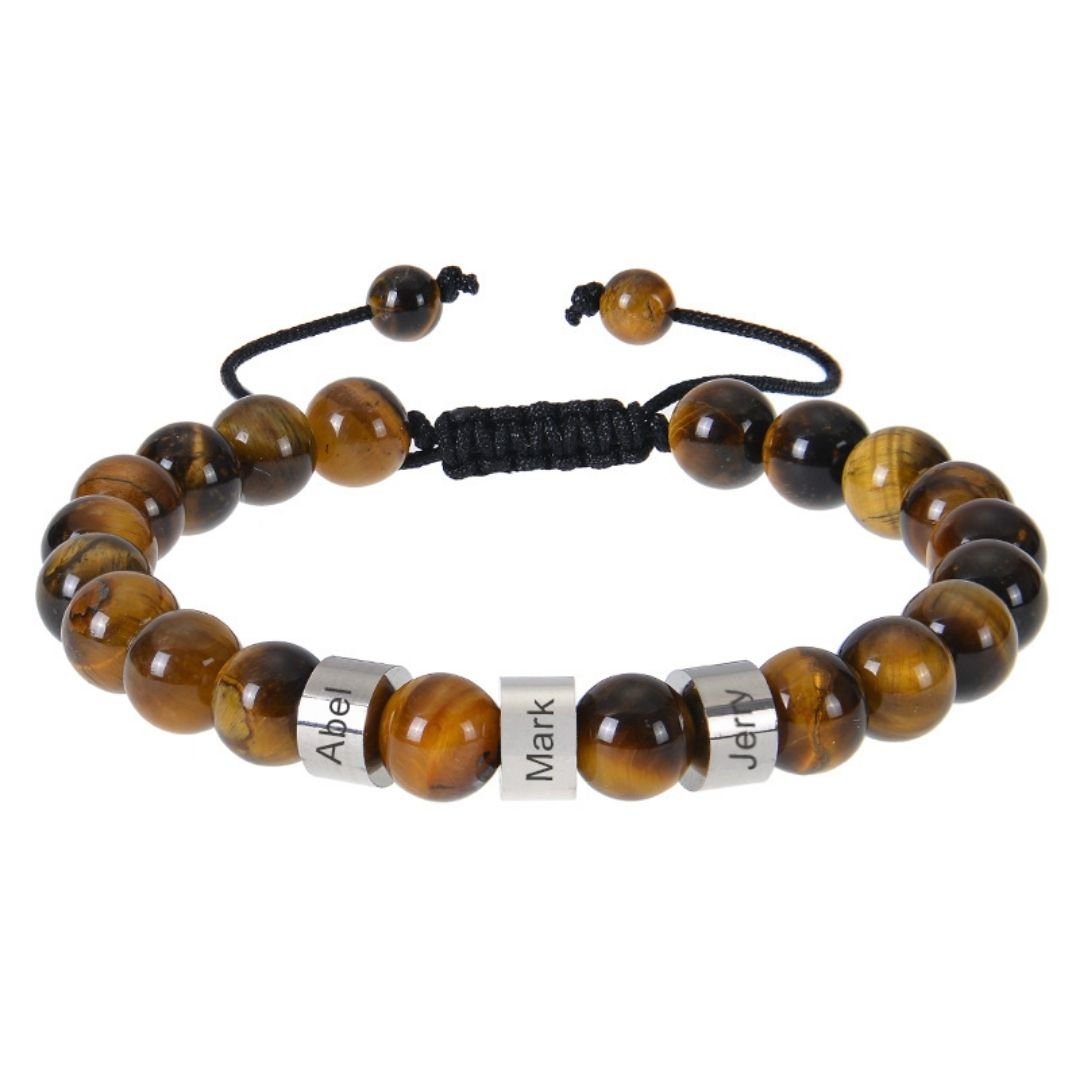 Pulsera tejida personalizada con nombres: Pulsera de piedra ojo de tigre marrón y negro, cordón ajustable negro. Tres cuentas plateadas de acero inoxidable grabadas con los nombres Abel, Mark y Jeffy: ideal como pulsera personalizada para papá.