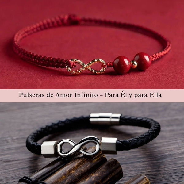 Pulseras de amor infinito - Para Él y para Ella: incluye una pulsera roja con símbolo infinito dorado y cuentas rojas, y una negra trenzada con símbolo infinito plateado.
