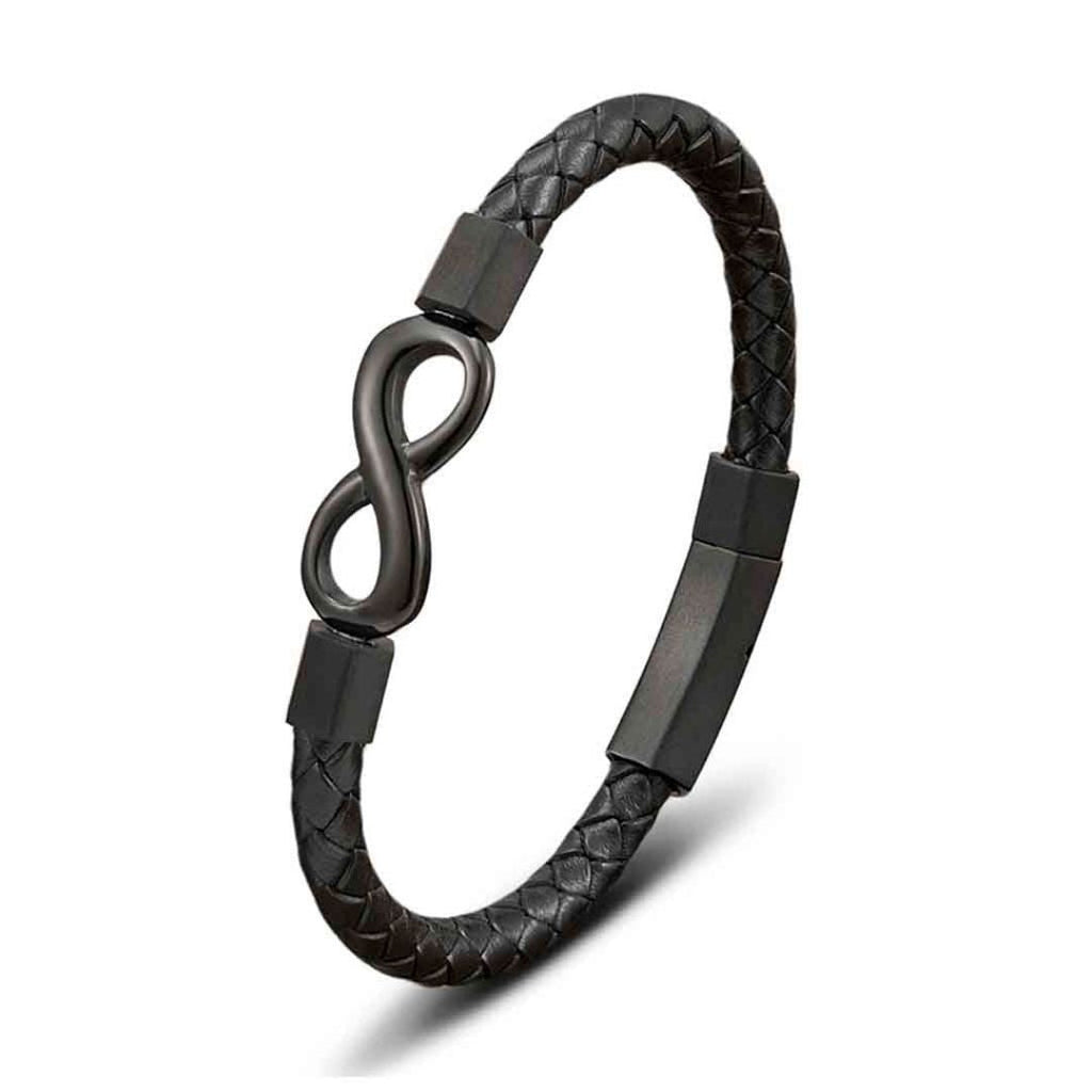 La Pulsera de amor infinito - Para Él y para Ella es una pulsera de cuero trenzado negro con un símbolo de infinito de metal negro y cierres, ideal como pulsera de pareja o para quienes buscan una pulsera de protección.