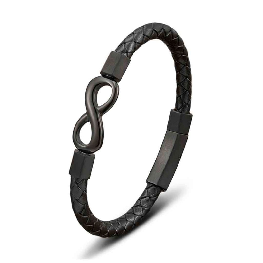 La Pulsera de amor infinito - Para Él y para Ella es una pulsera de cuero trenzado negro con un símbolo de infinito de metal negro y cierres, ideal como pulsera de pareja o para quienes buscan una pulsera de protección.