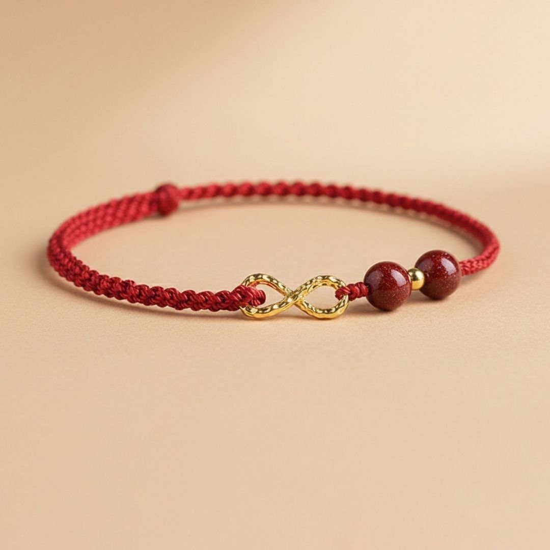 Pulseras de amor infinito - Para Él y para Ella: pulsera de cordón trenzado rojo con una pieza central dorada del símbolo del infinito y dos cuentas redondas rojas, presentada sobre una superficie neutra de color beige.