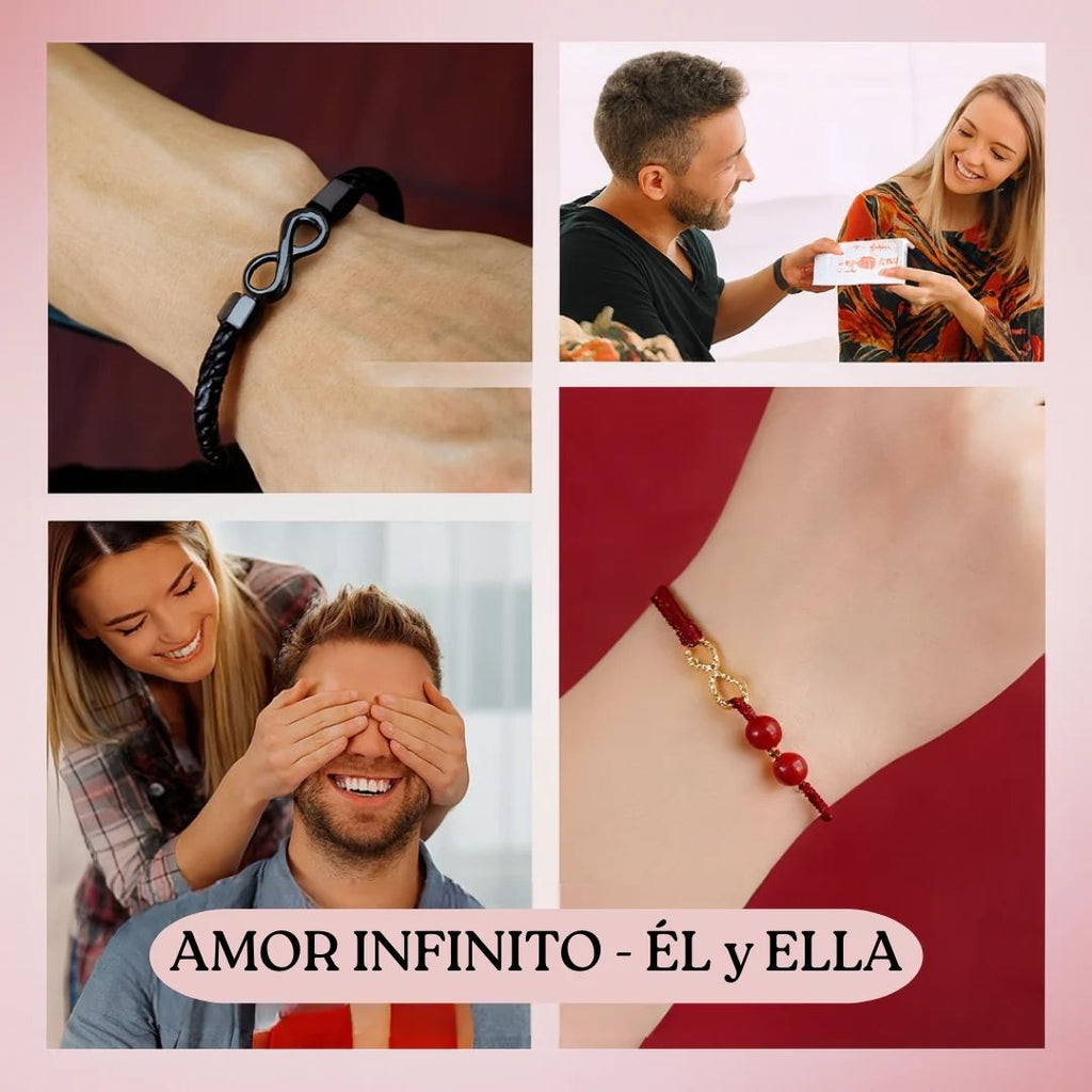 Collage con Pulseras de amor infinito - Para Él y para Ella, con una pareja sonriente intercambiando regalos, una mujer tapando los ojos de un hombre y una pulsera de cuentas rojas de protección. Texto: AMOR INFINITO - ÉL y ELLA.