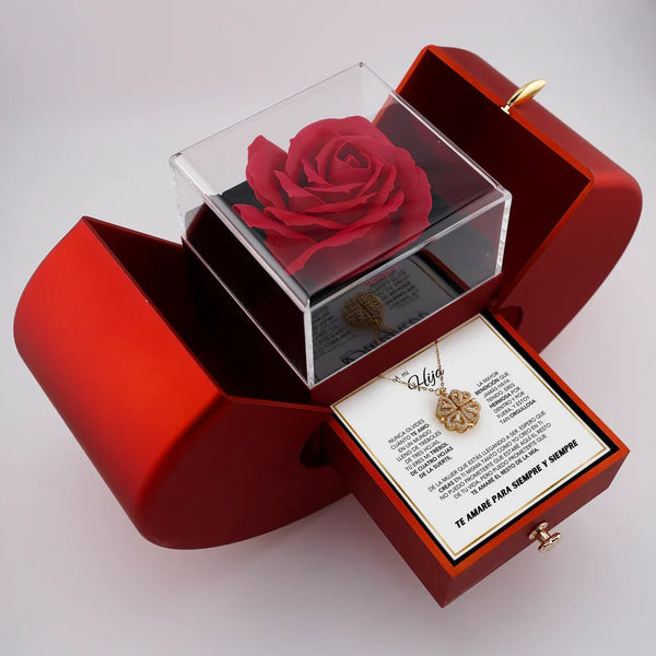 El Regalo especial - Rosa eterna y collar "A mi hija" incluye un collar con colgante de árbol de oro en una caja roja con forma de corazón, con una rosa eterna en un estuche transparente y una nota albanesa dentro de la tapa, lo que lo convierte en el regalo perfecto para su hija.