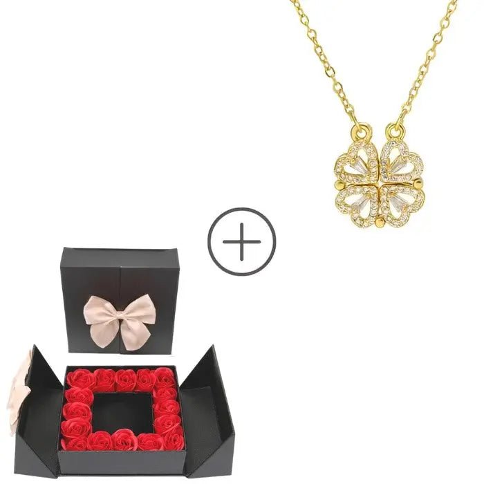 Set de collar con trébol + caja de rosas - Moroveta