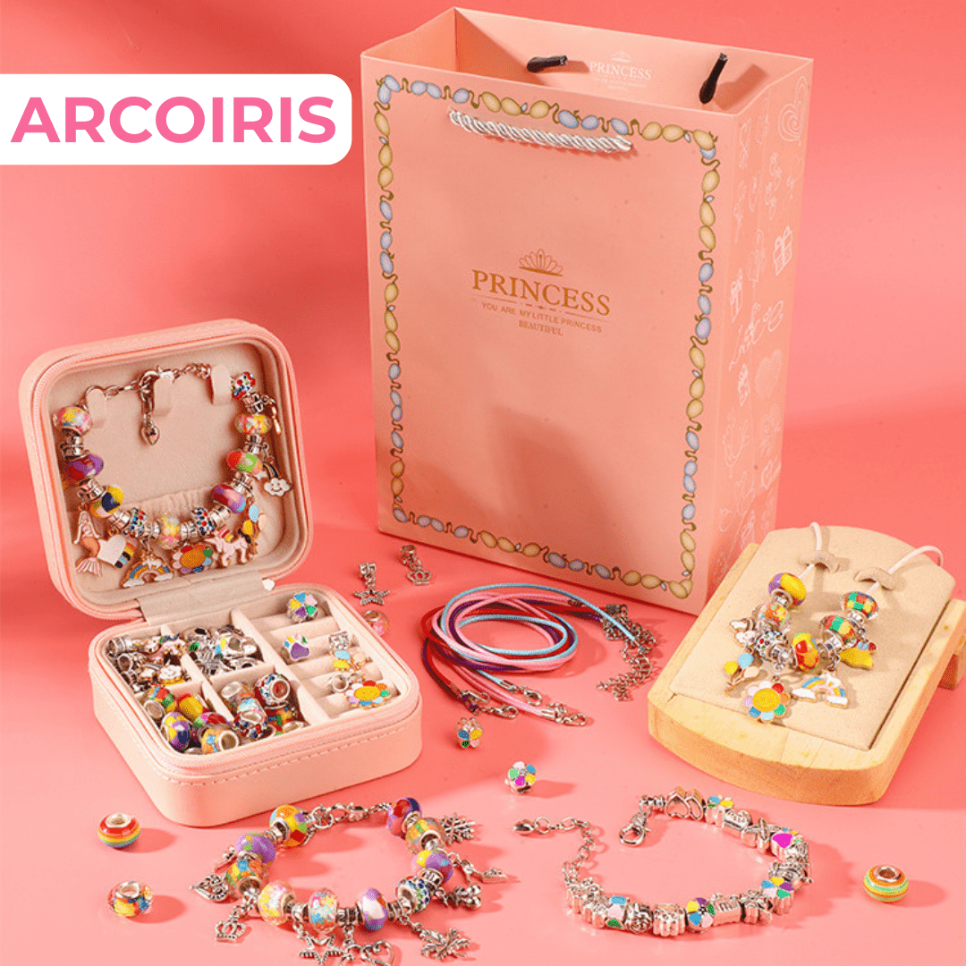 El Set de joyería para crear pulseras y collares + accesorios incluye coloridas piezas, una caja rosa y bolsa de regalo PRINCESS. Este set ARCOIRIS estimula la creatividad y habilidades motoras en los niños.