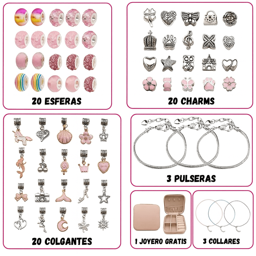Un Set de joyería para crear pulseras y collares + accesorios con 20 cuentas, 20 dijes plateados, 20 colgantes, 3 pulseras, 3 collares y un estuche rosa. Cada sección está rotulada-ideal para desarrollar habilidades motoras.