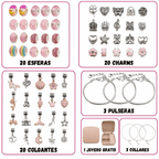 Un Set de joyería para crear pulseras y collares + accesorios con 20 cuentas, 20 dijes plateados, 20 colgantes, 3 pulseras, 3 collares y un estuche rosa. Cada sección está rotulada-ideal para desarrollar habilidades motoras.