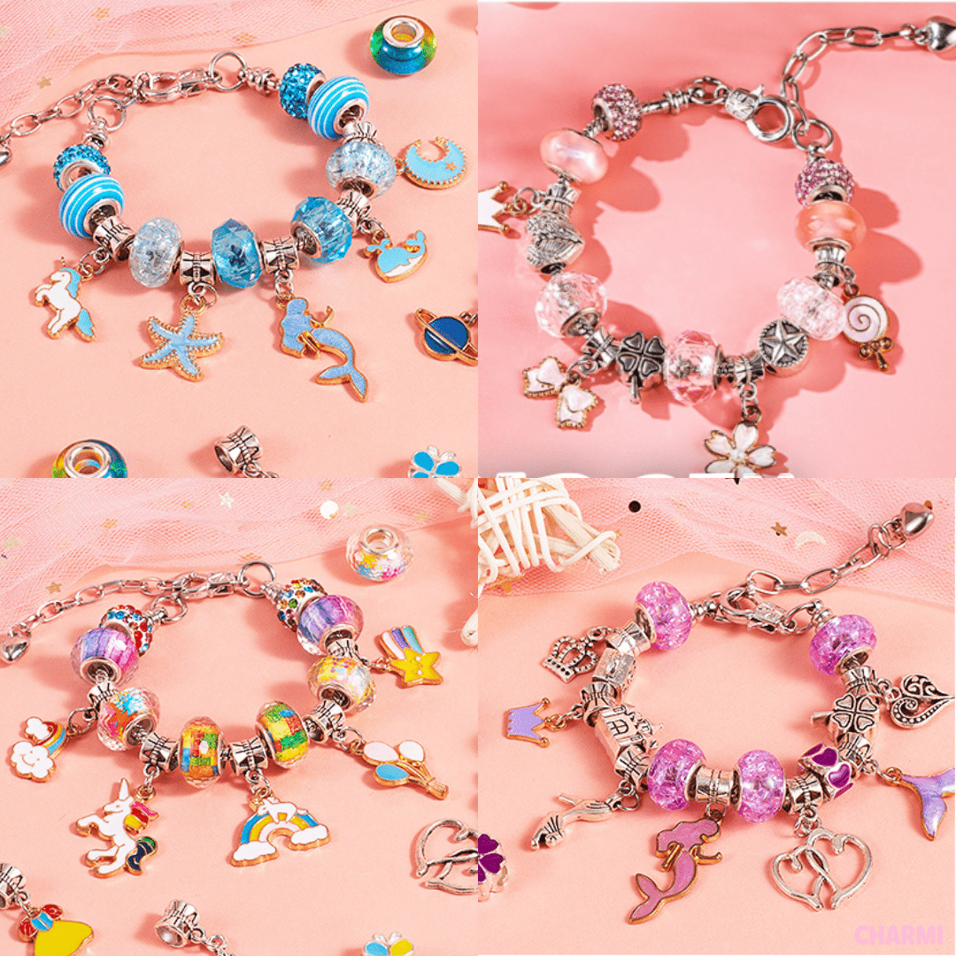 Cuatro coloridas pulseras, decoradas con cuentas y dijes temáticos como unicornios y estrellas, se muestran sobre un fondo rosa-Set de joyería para crear pulseras y collares + accesorios ideal para inspirar creatividad y mejorar habilidades motrices.