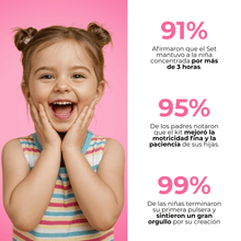 Cargar imagen en el visor de la galería, Una niña sonriente con coletas muestra emoción sobre un fondo rosa. Junto a ella, tres datos en español destacan cómo el Set de joyería para crear pulseras y collares + accesorios mejora concentración, motricidad y orgullo creativo.
