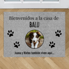 Tapete personalizado con fotos de mascotas: tapete color gris con huellas negras y foto de perro marrón y blanco en el centro. Texto: 