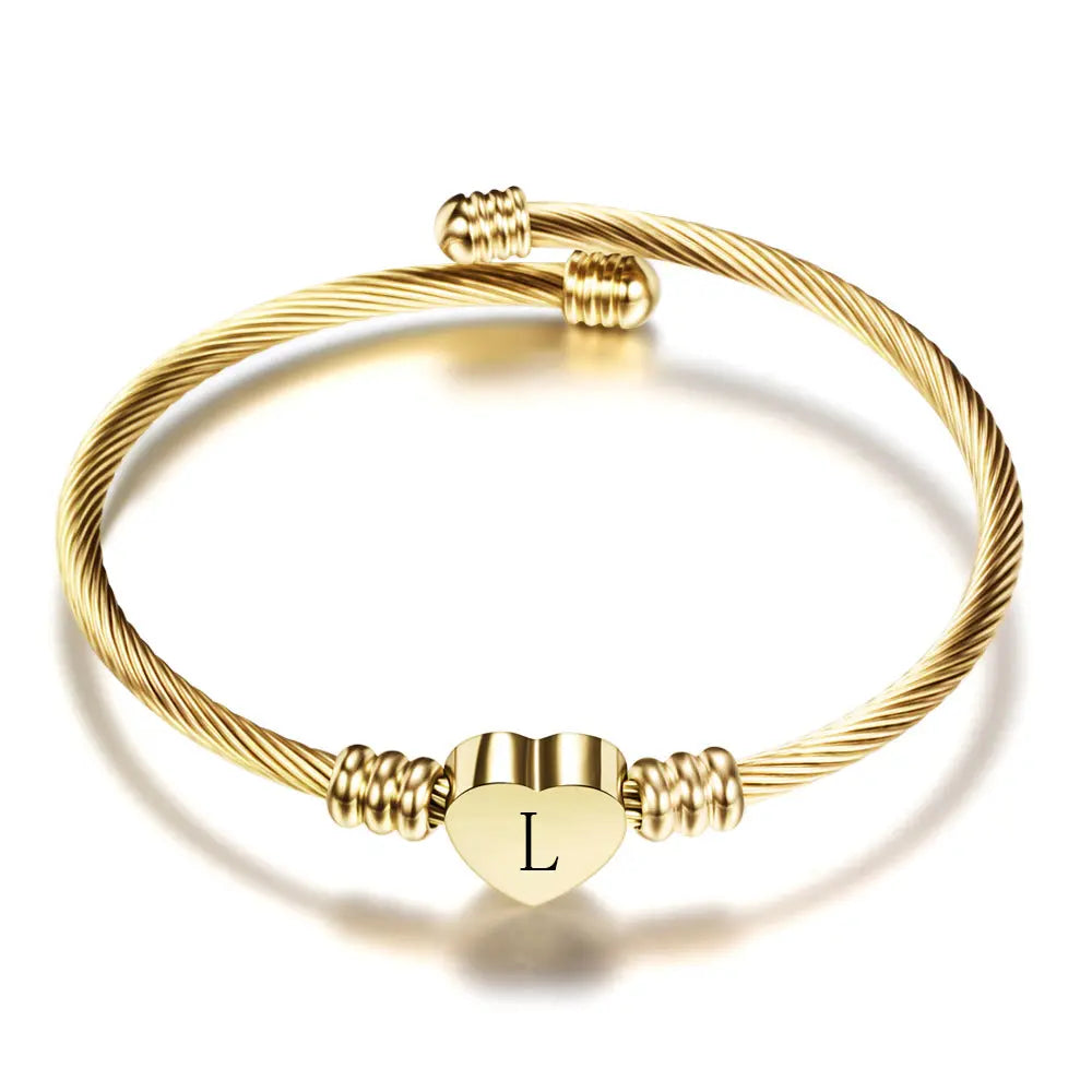 Women A-Z Initial Letter Love Heart Alphabet Name Cuff Bracelets - Moroveta