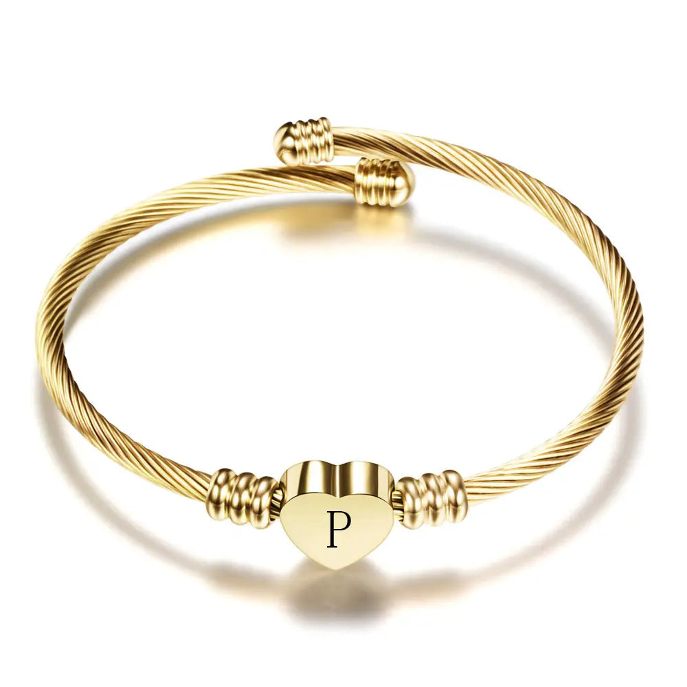 Women A-Z Initial Letter Love Heart Alphabet Name Cuff Bracelets - Moroveta