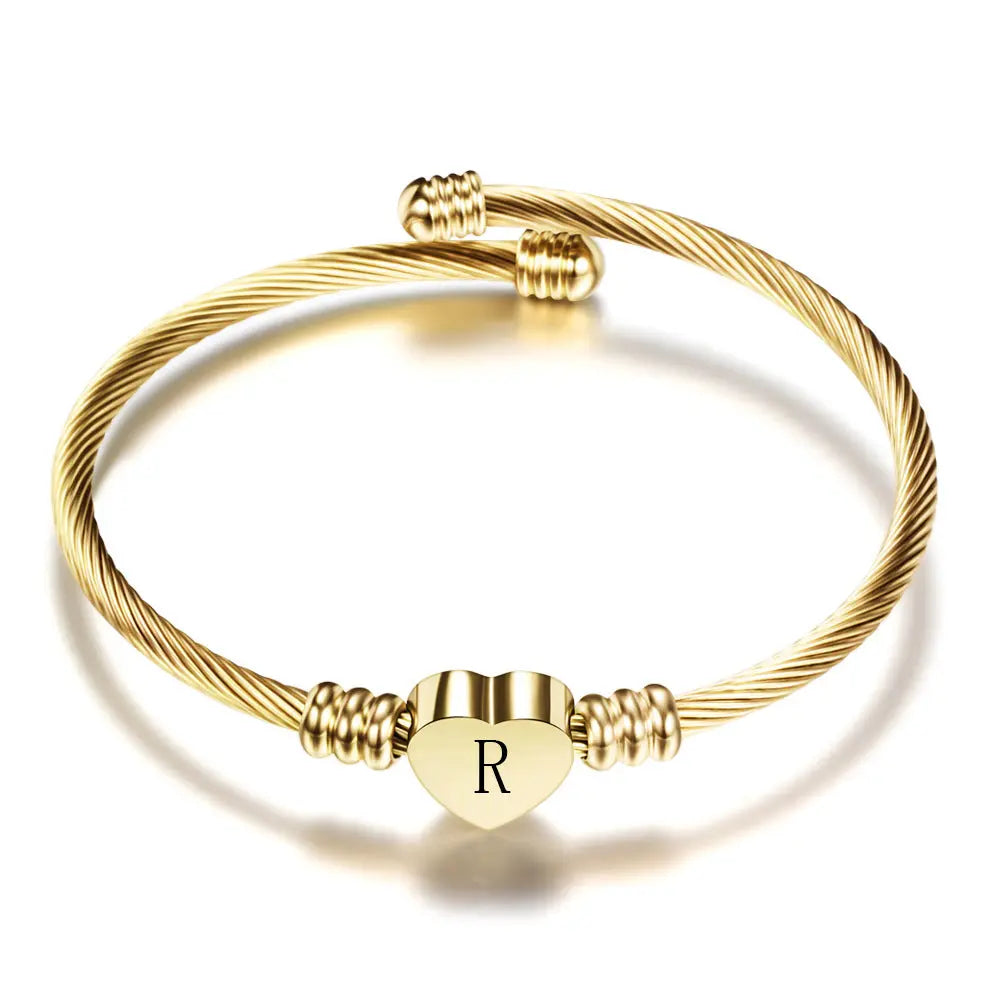 Women A-Z Initial Letter Love Heart Alphabet Name Cuff Bracelets - Moroveta