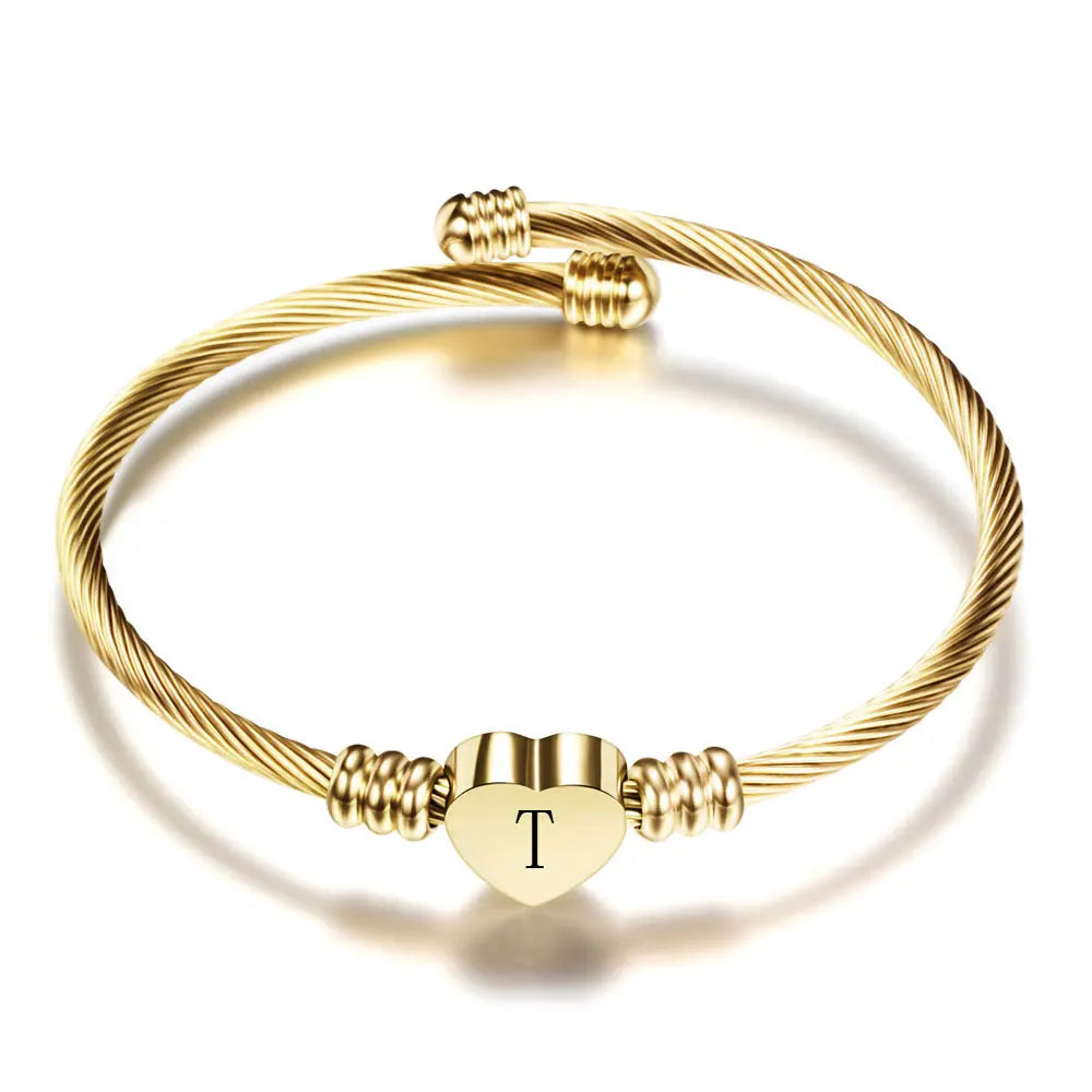 Women A-Z Initial Letter Love Heart Alphabet Name Cuff Bracelets - Moroveta