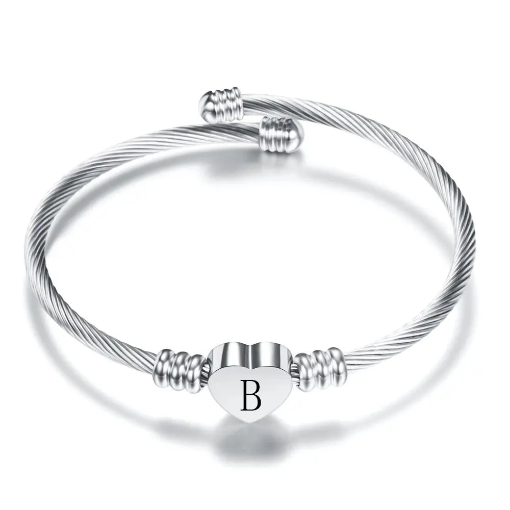 Women A-Z Initial Letter Love Heart Alphabet Name Cuff Bracelets - Moroveta