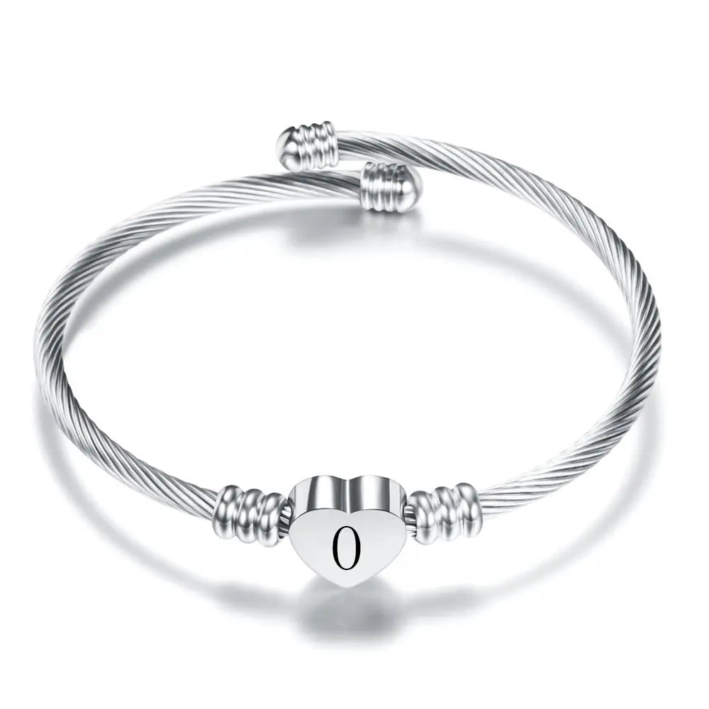 Women A-Z Initial Letter Love Heart Alphabet Name Cuff Bracelets - Moroveta