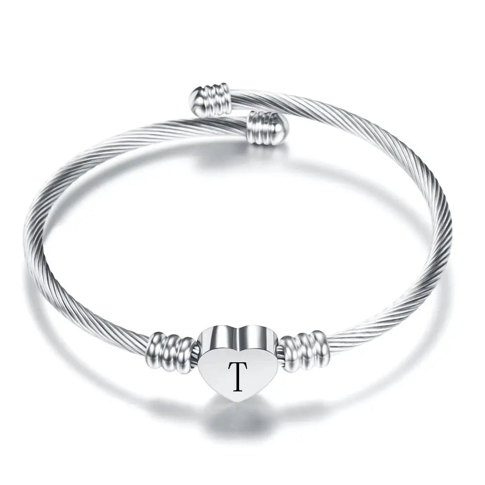Women A-Z Initial Letter Love Heart Alphabet Name Cuff Bracelets - Moroveta