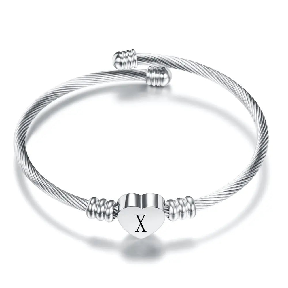Women A-Z Initial Letter Love Heart Alphabet Name Cuff Bracelets - Moroveta