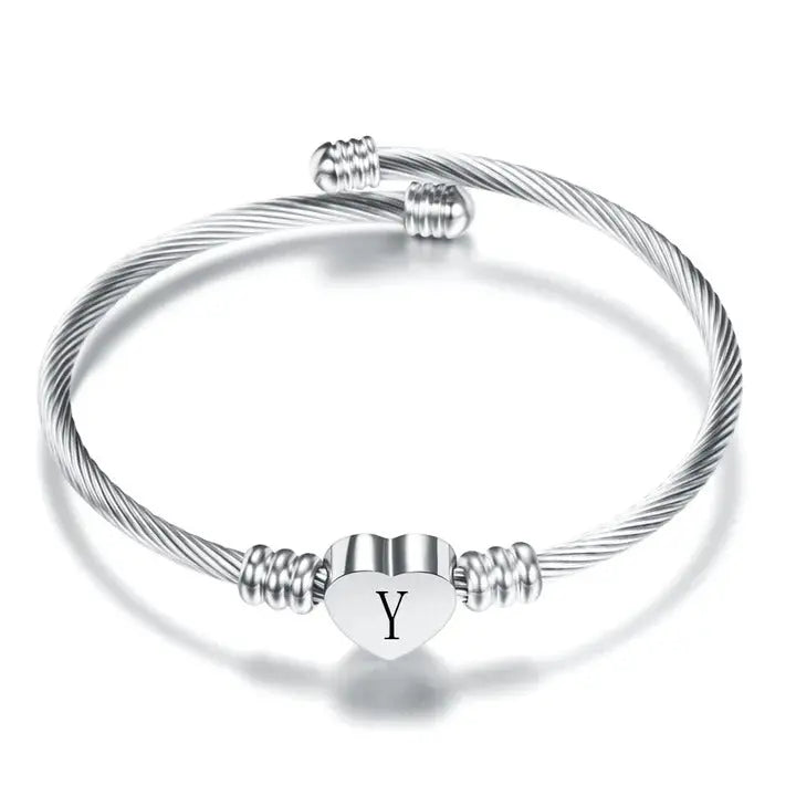 Women A-Z Initial Letter Love Heart Alphabet Name Cuff Bracelets - Moroveta